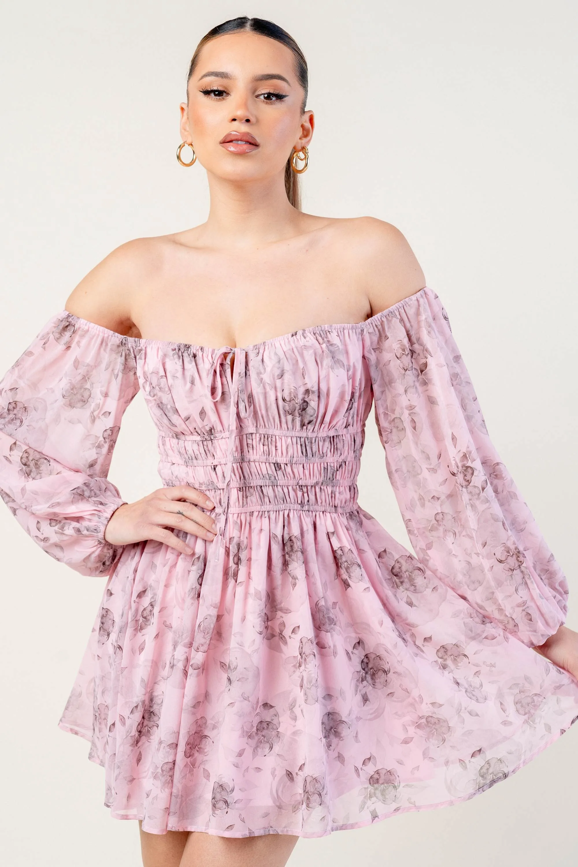 ROMANTIC FLORAL CHIFFON SMOCKED OFF SHOULDER DRESS sold by privy