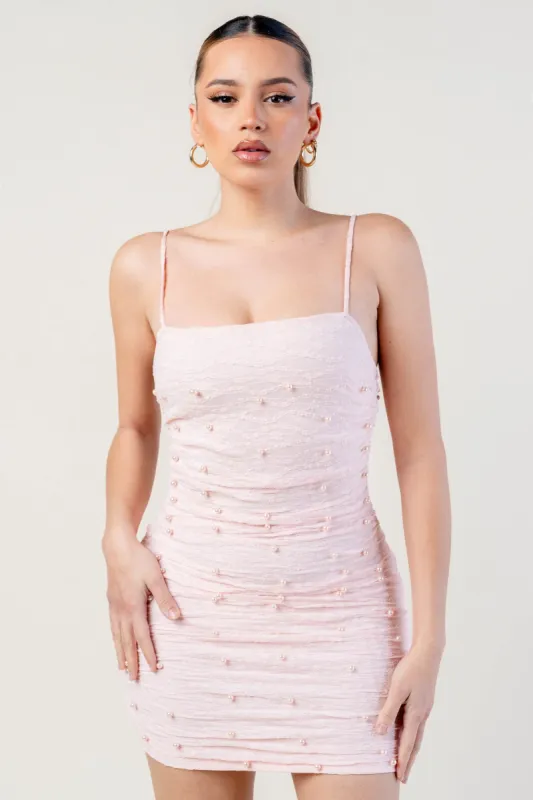 LUXE STRETCH LACE PEARL EMBELLISHED MINI DRESS sold by privy