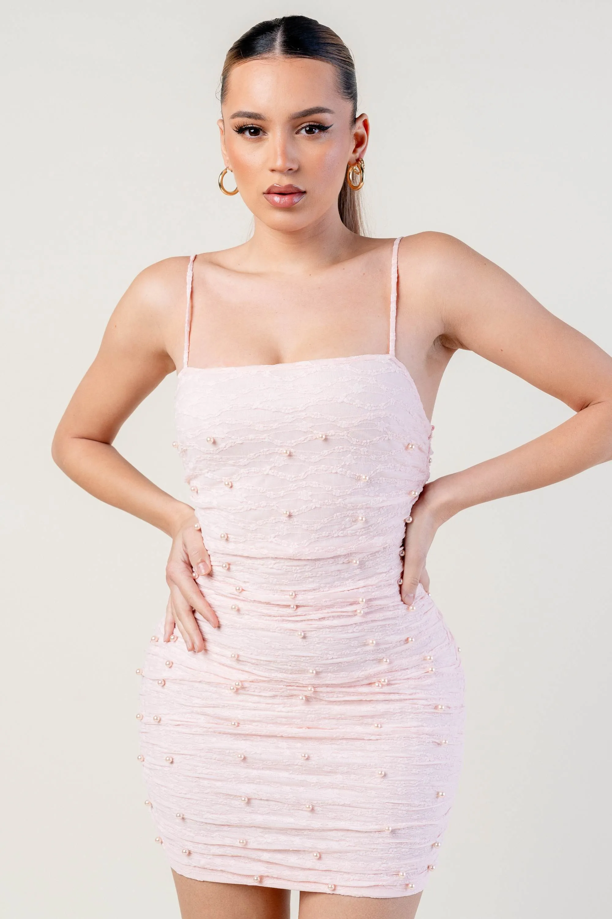 LUXE STRETCH LACE PEARL EMBELLISHED MINI DRESS sold by privy product image thumbnail 2