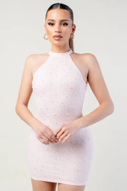 STRETCH LACE W/ PEARLS HALTER MOCK NECK MINI DRESS sold by privy