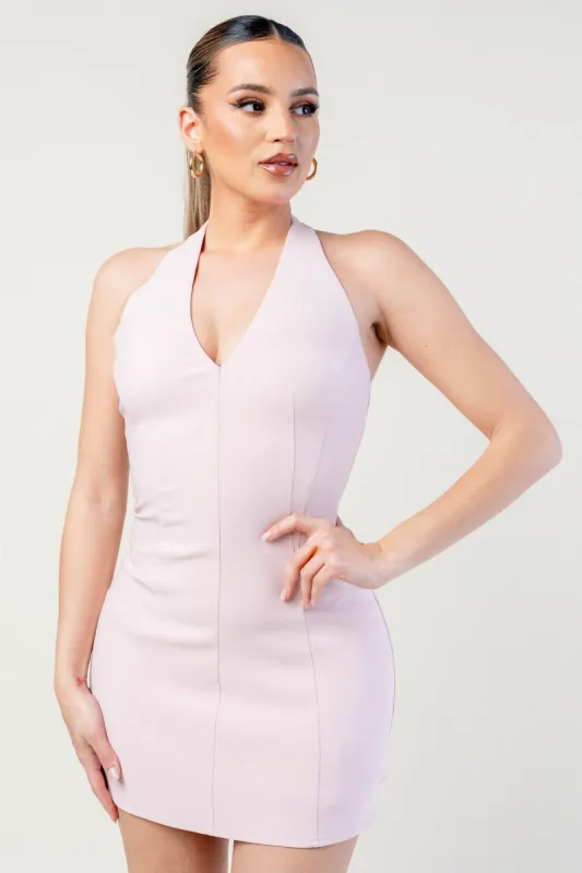 PD78288S-W / LUXE THICK STRECTH HALTER NECK BACKLESS MINI DRESS sold by privy