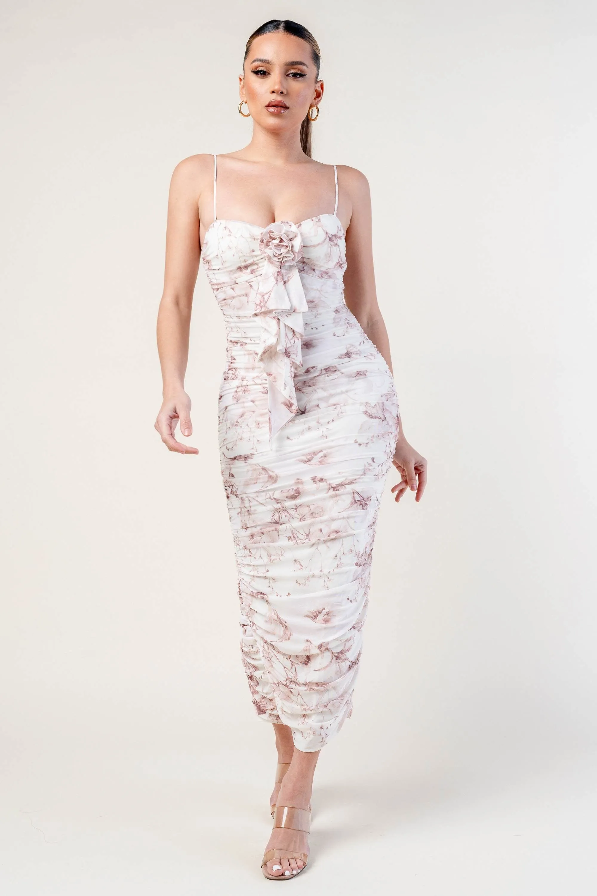 ROMANTIC FLORAL MESH ROSETTE RUCHED MIDI DRESS sold by privy