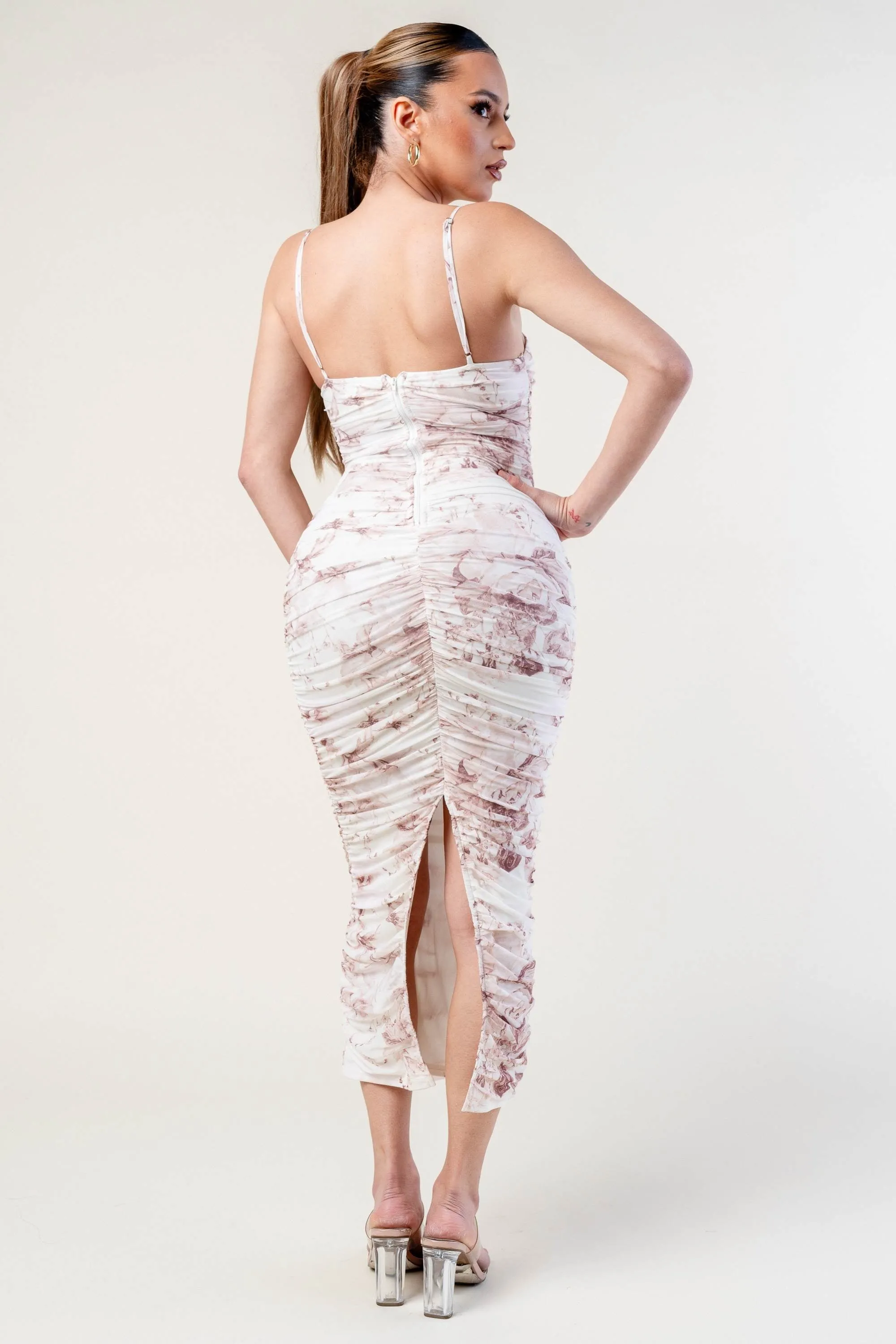 ROMANTIC FLORAL MESH ROSETTE RUCHED MIDI DRESS sold by privy product image thumbnail 3