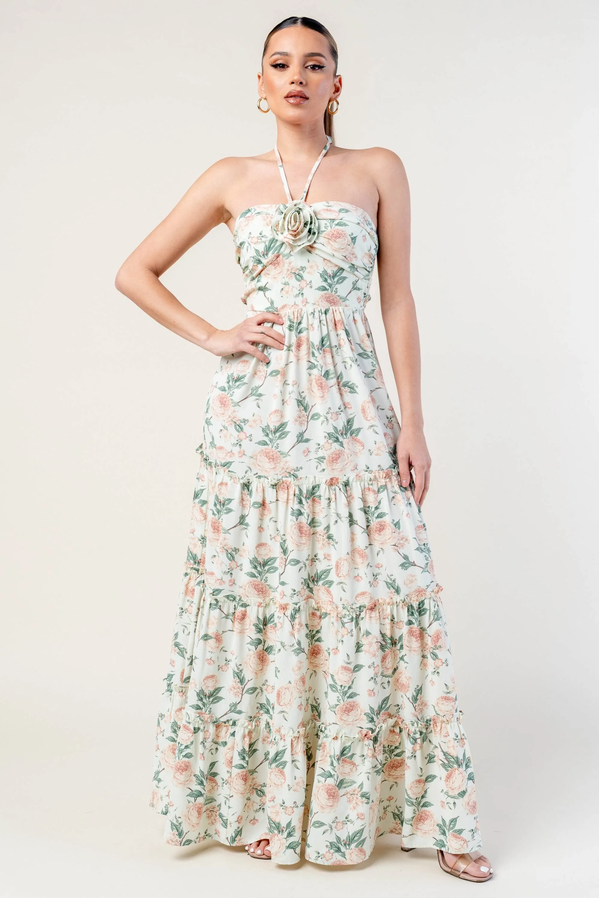 PD77862N-W / ROMANTIC FLORAL ROSETTE HALTER MAXI DRESS sold by privy