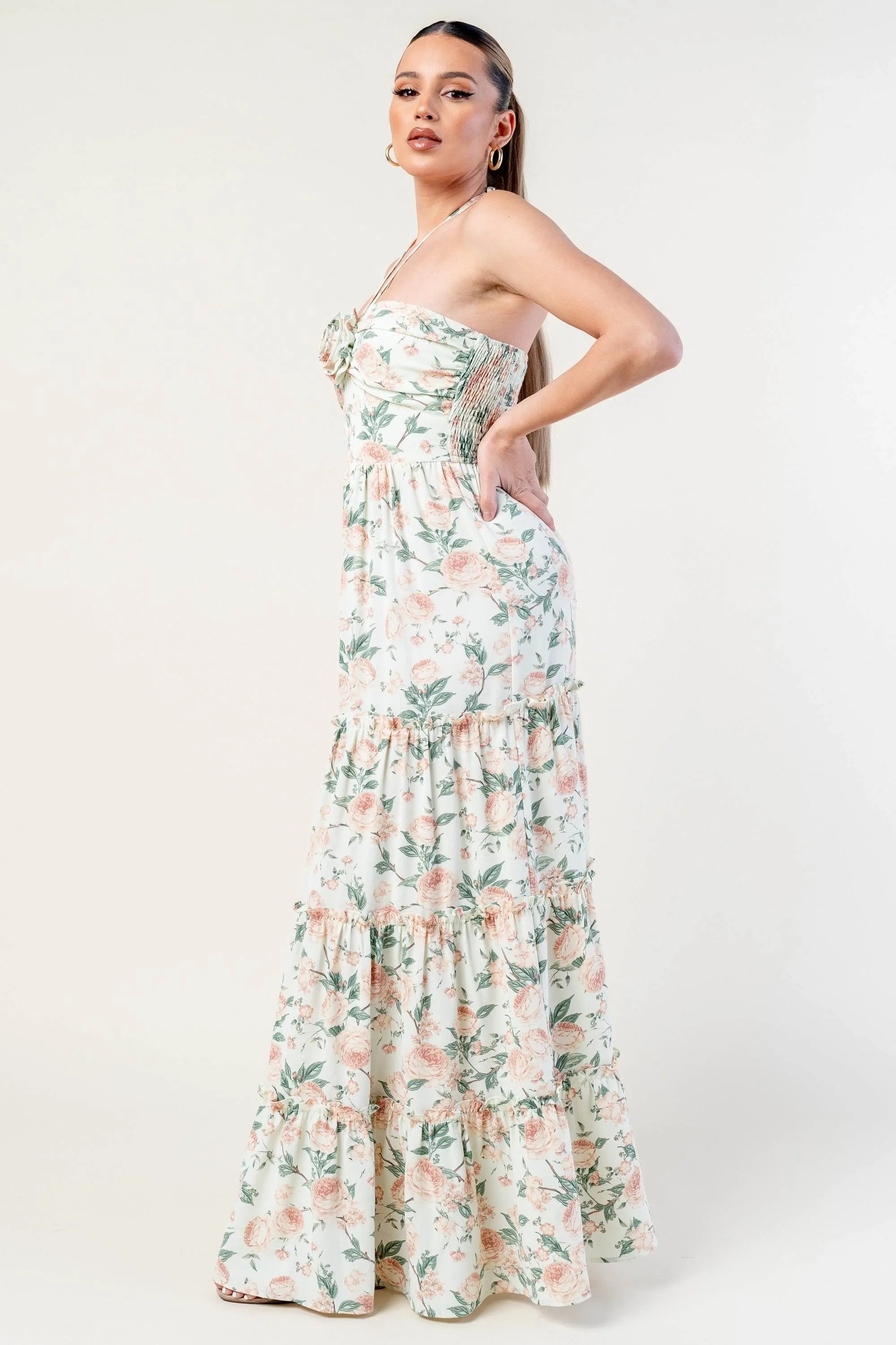 PD77862N-W / ROMANTIC FLORAL ROSETTE HALTER MAXI DRESS sold by privy product image thumbnail 2