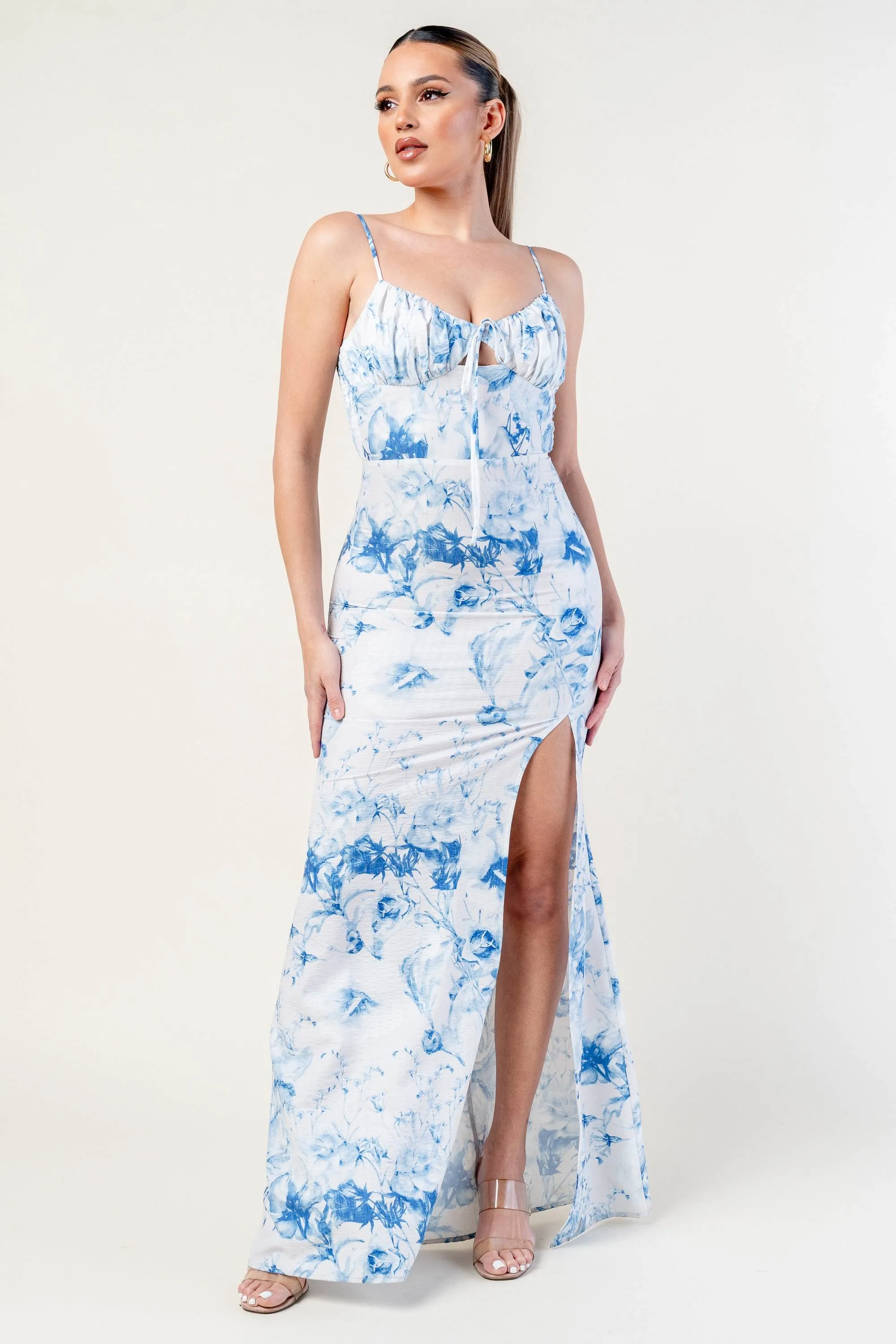 ROMANTIC FLORAL PRINT RUCHED SWEETHEART MAXI DRESS sold by privy