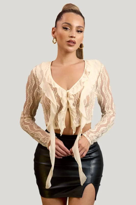 LUXE STRETCH LACE RUFFLED LONG SLEEVES CROPPED TOP sold by privy