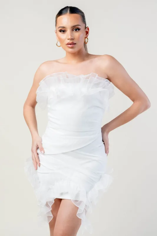 PD77859B / LUXE ORGANZA RUFFLED NYLON PONTE TUBE MINI DRESS made by privy