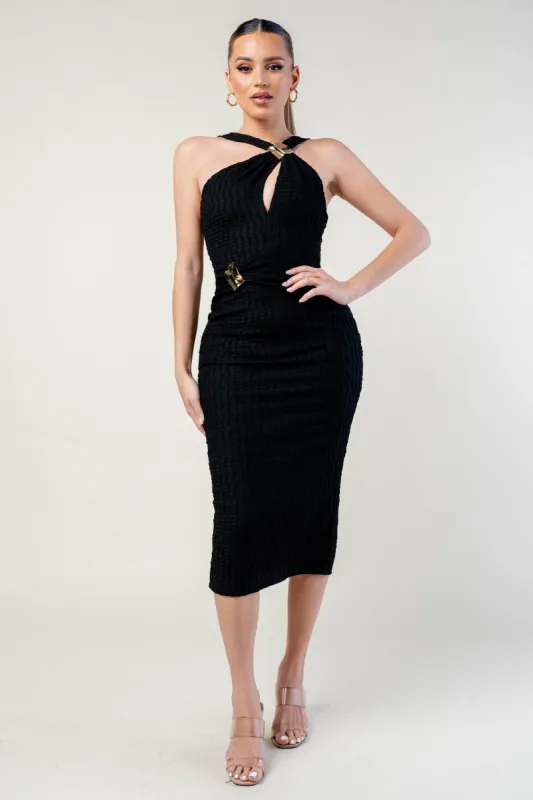 LUXE TEXTURE GOLD MEDAL BODYCON MIDI DRESS sold by privy
