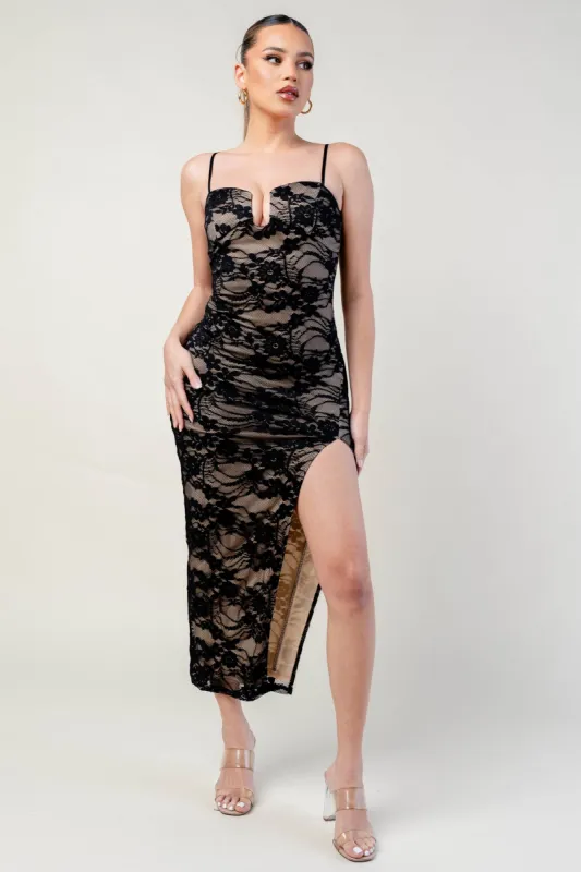 LUXE STRETCH LACE BODYCON  SIDE SLITTED MAXI DRESS sold by privy