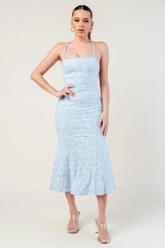 LUXE TEXTURE LACE KNIT RUFFLED MERMAID MIDI DRESS sold by privy