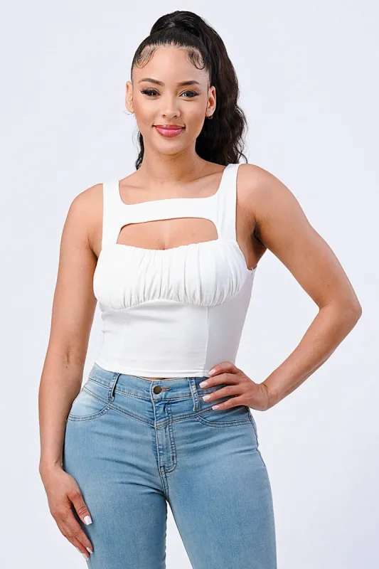 PT41973H-W / CHIC H STRAPCUTOUT SHIRRING COTTON CROP TOP sold by privy