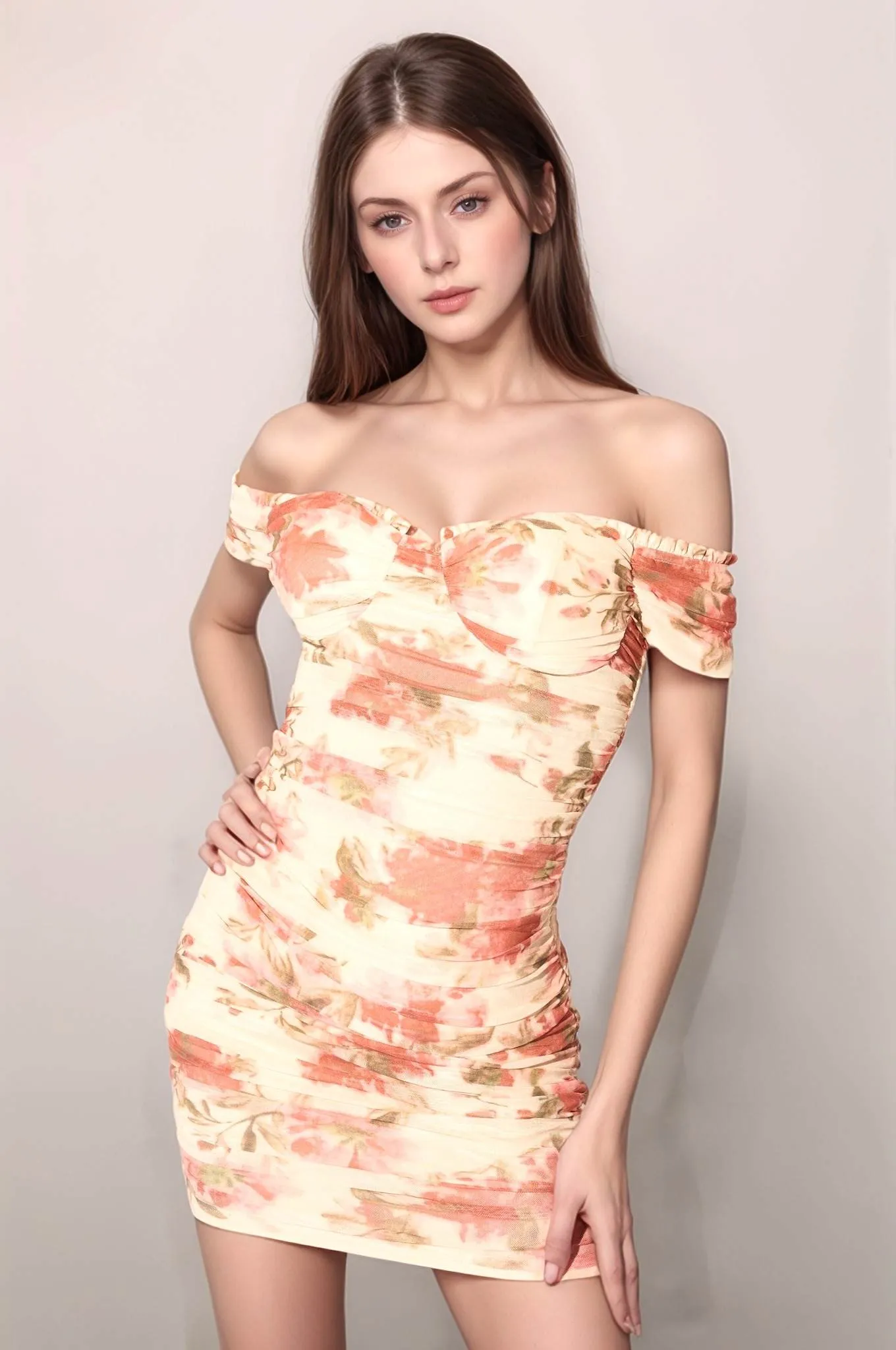 ROMANTIC FLORAL PRINT MESH OFF SHOULDER MINI DRESS sold by privy
