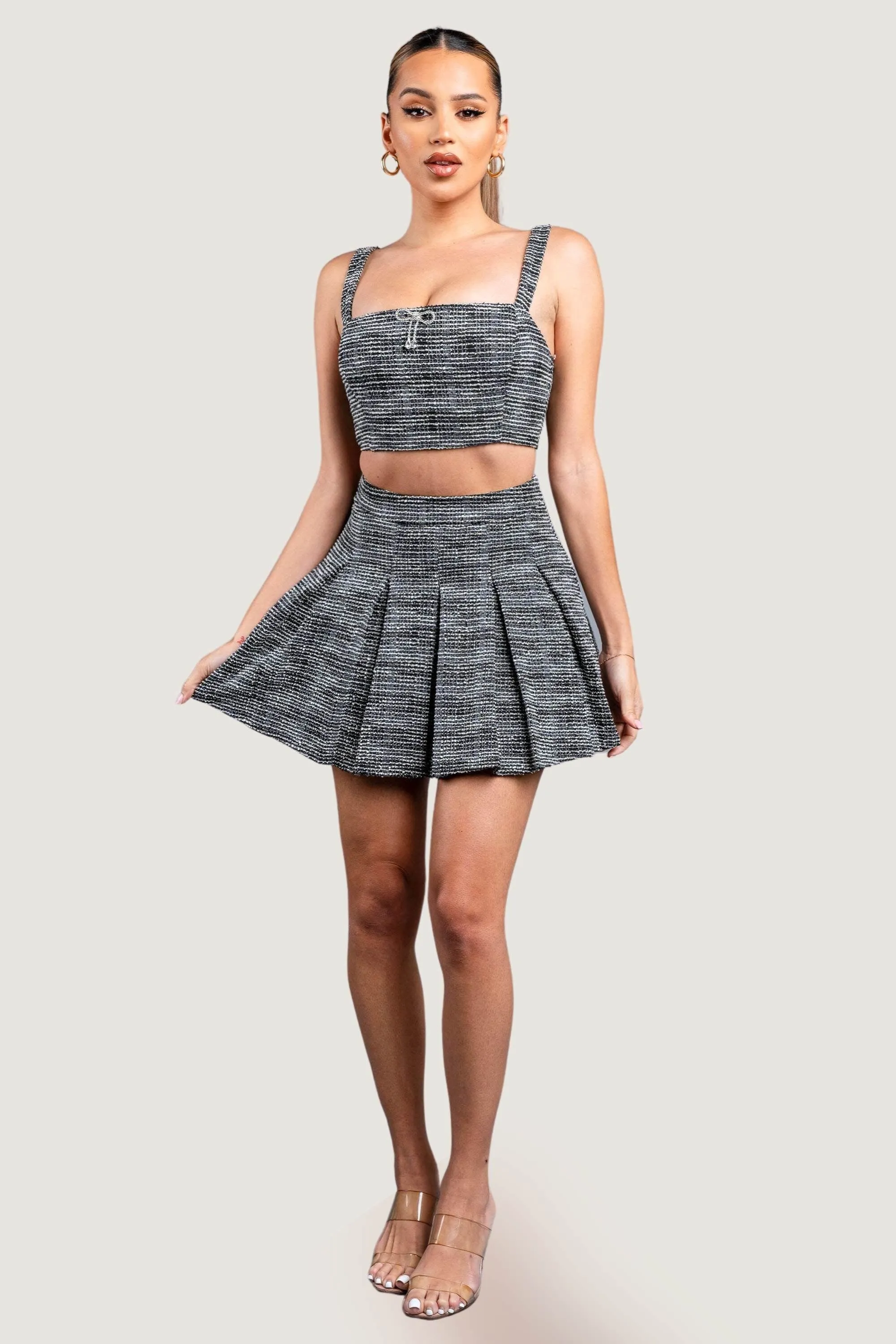 PS9706E-W / STRETCH BOUCLE SET - CROP TOP & PLEATED MINI SKIRT sold by privy product image thumbnail 4