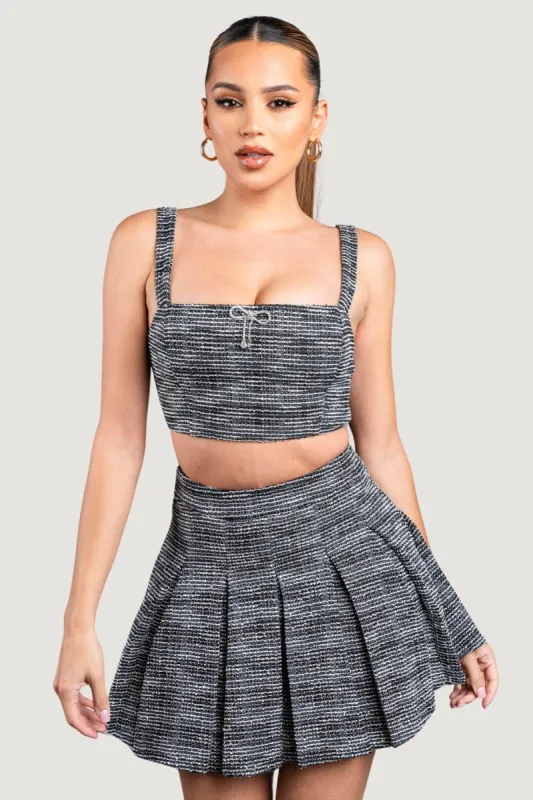 PS9706E-W / STRETCH BOUCLE SET - CROP TOP & PLEATED MINI SKIRT sold by privy