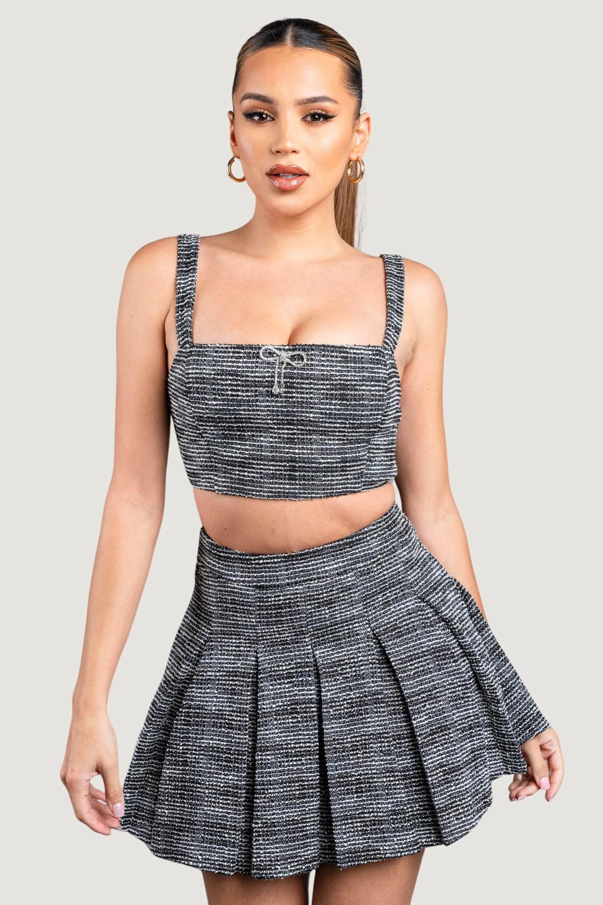 PS9706E-W / STRETCH BOUCLE SET - CROP TOP & PLEATED MINI SKIRT sold by privy