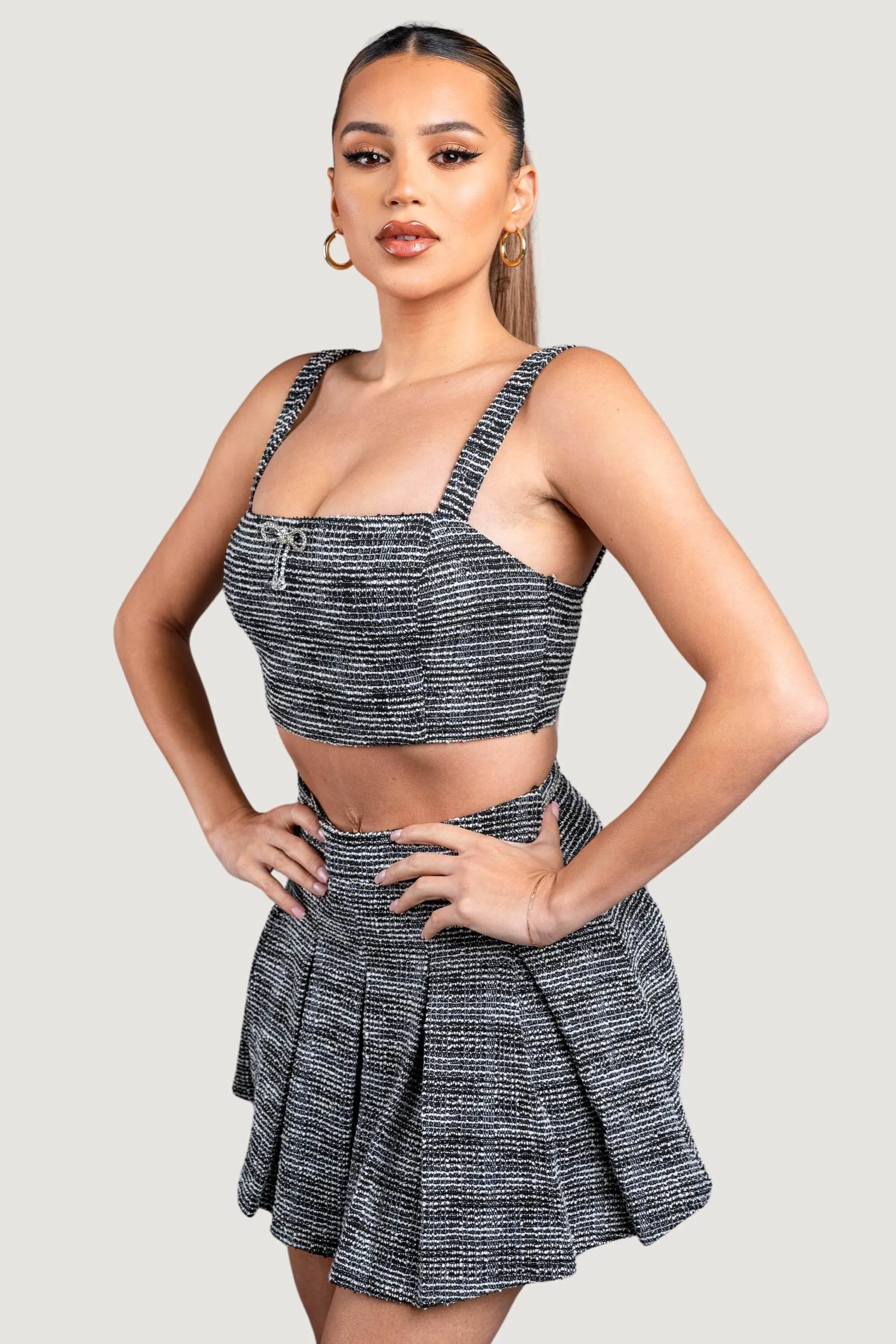 PS9706E-W / STRETCH BOUCLE SET - CROP TOP & PLEATED MINI SKIRT sold by privy product image thumbnail 2