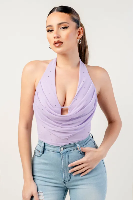 PTKS45286N / LUXE HOTFIX STONES EMBELLISHED COWL NECK BODYSUIT sold by privy