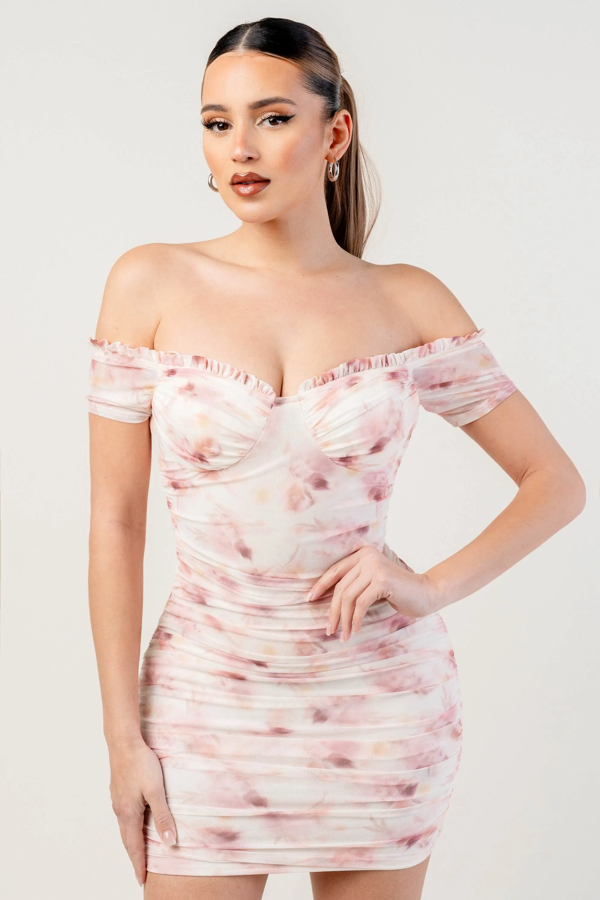 ROMANTIC FLORAL MESH OFF SHOULDER MINI DRESS sold by privy