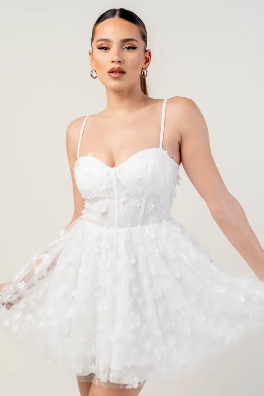 PD77976EST-W / METALLIC MESH 3D FLOWER SAKTER MINI DRESS sold by privy