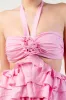 PD76598SST-W / LINEN ROSETTE HALTER SLITTED TIERED MAXI DRESS sold by privy
