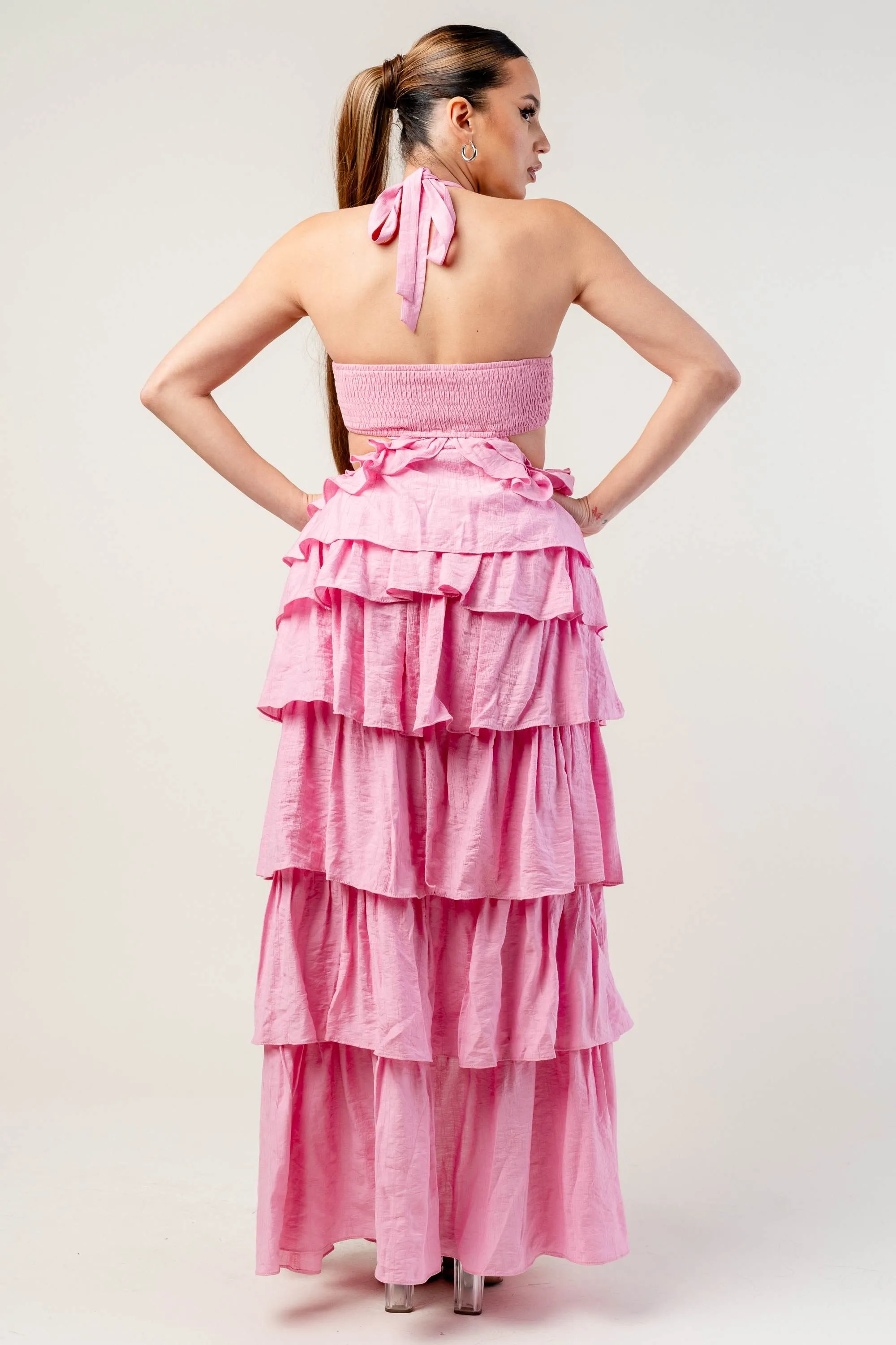 PD76598SST-W / LINEN ROSETTE HALTER SLITTED TIERED MAXI DRESS sold by privy product image thumbnail 3