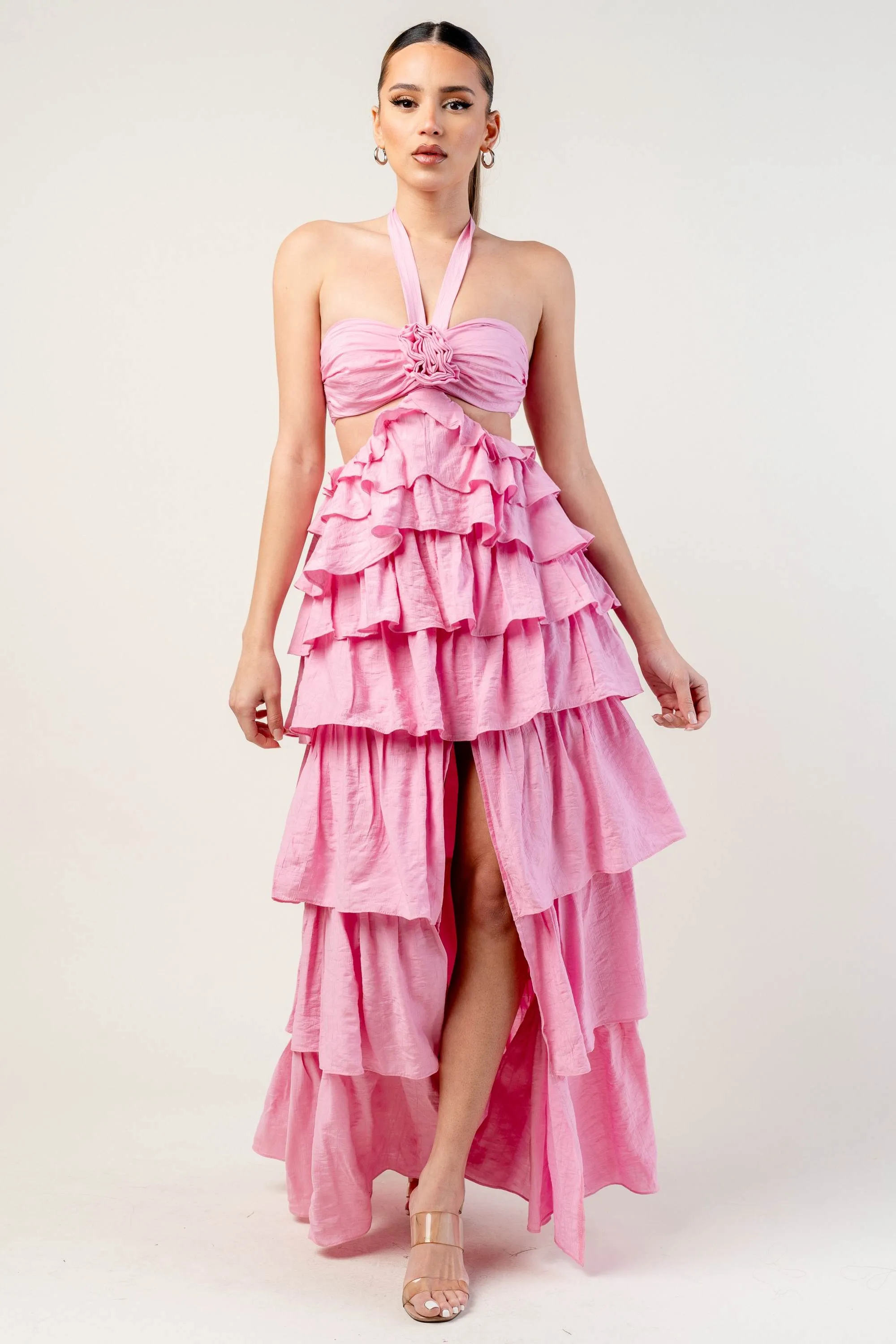 PD76598SST-W / LINEN ROSETTE HALTER SLITTED TIERED MAXI DRESS sold by privy