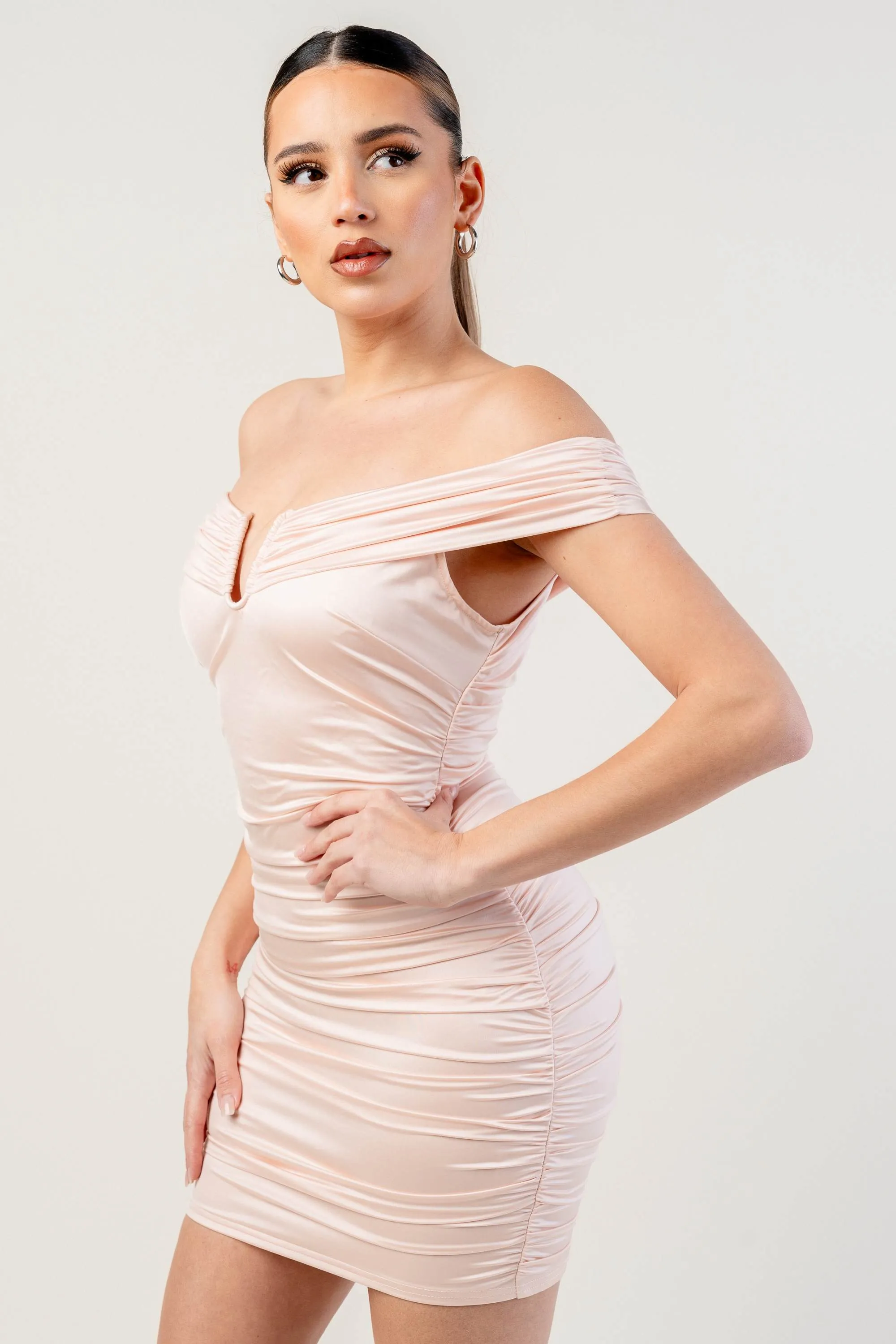 PD78525K / LUXE PEARL SATIN OFF SHOULDER RUCHED MINI DRESS sold by privy product image thumbnail 3