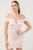 PD78525K / LUXE PEARL SATIN OFF SHOULDER RUCHED MINI DRESS sold by privy