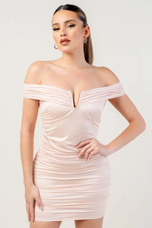 PD78525K / LUXE PEARL SATIN OFF SHOULDER RUCHED MINI DRESS sold by privy