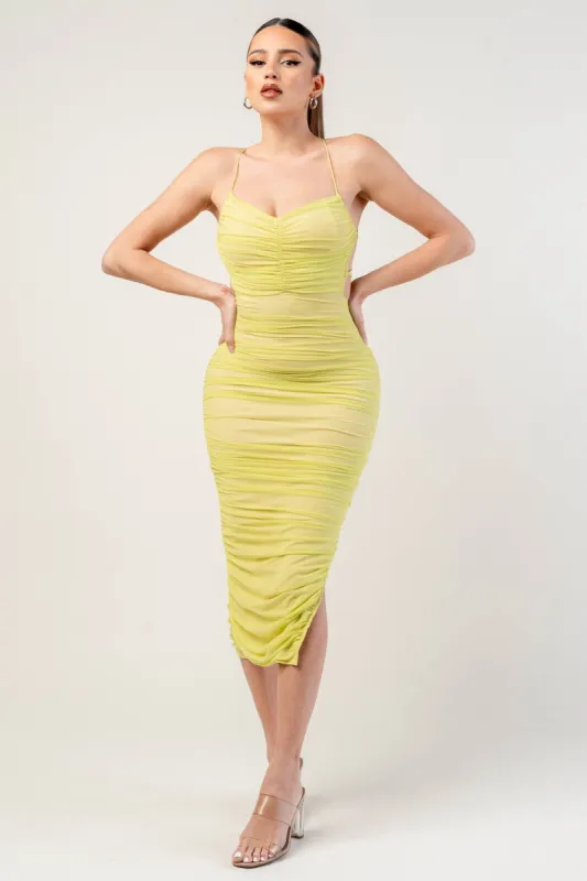 PD73176B / LUX MESH DRAWSTRING LACE UP BACK RUCHED MIDI DRESS sold by privy