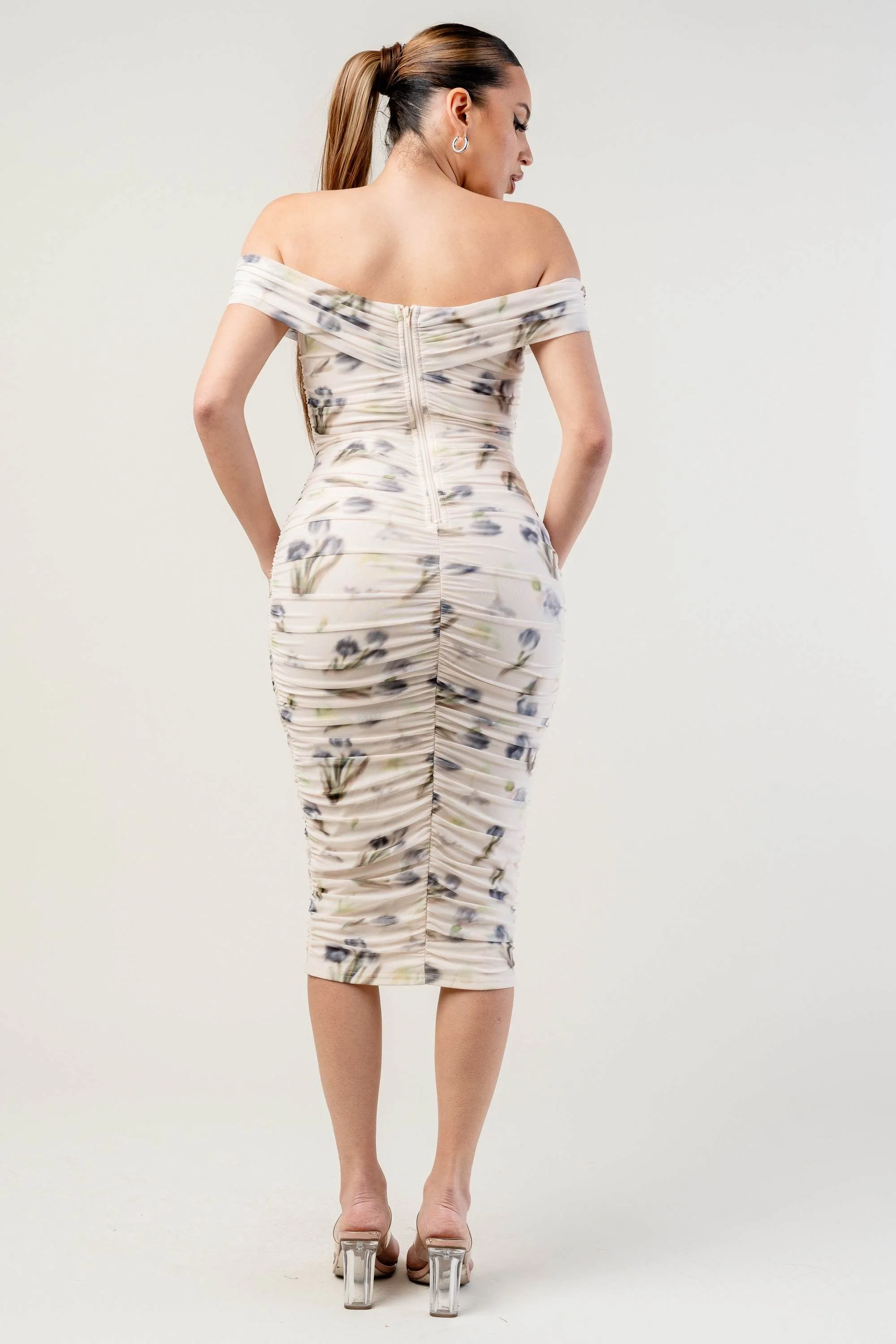 PD78543N / ROMANTIC FLORAL MESH OFF SHOULDER RUCHED MIDI DRESS sold by privy product image thumbnail 3