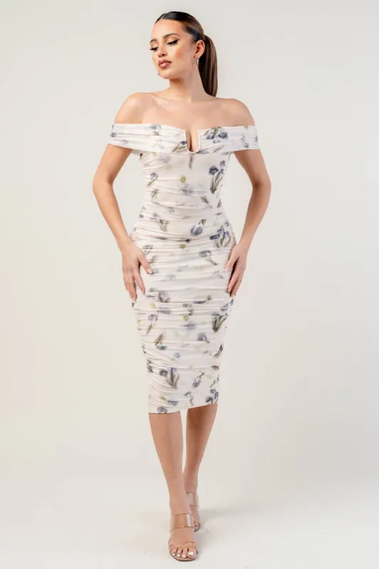 PD78543N / ROMANTIC FLORAL MESH OFF SHOULDER RUCHED MIDI DRESS sold by privy