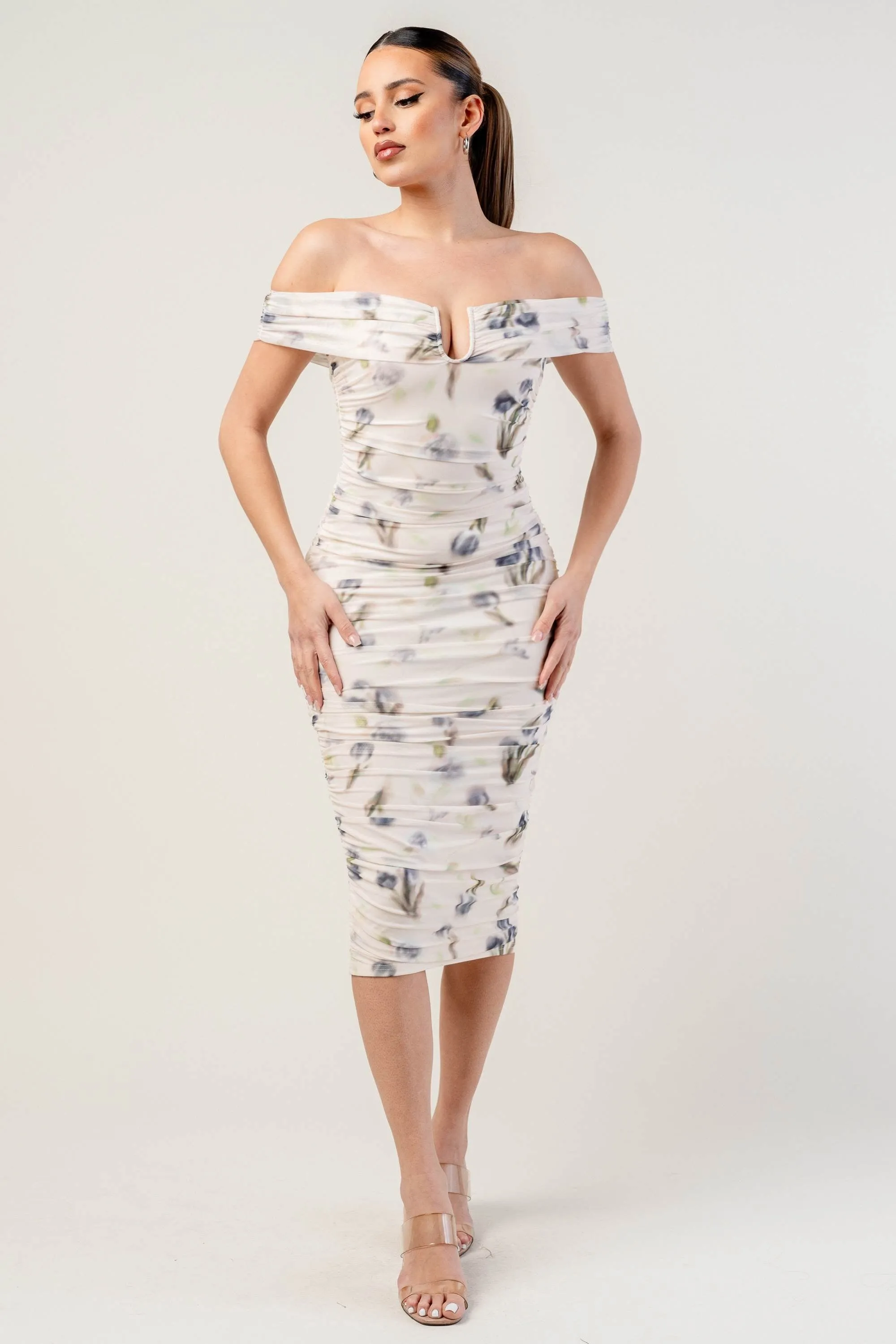 PD78543N / ROMANTIC FLORAL MESH OFF SHOULDER RUCHED MIDI DRESS sold by privy