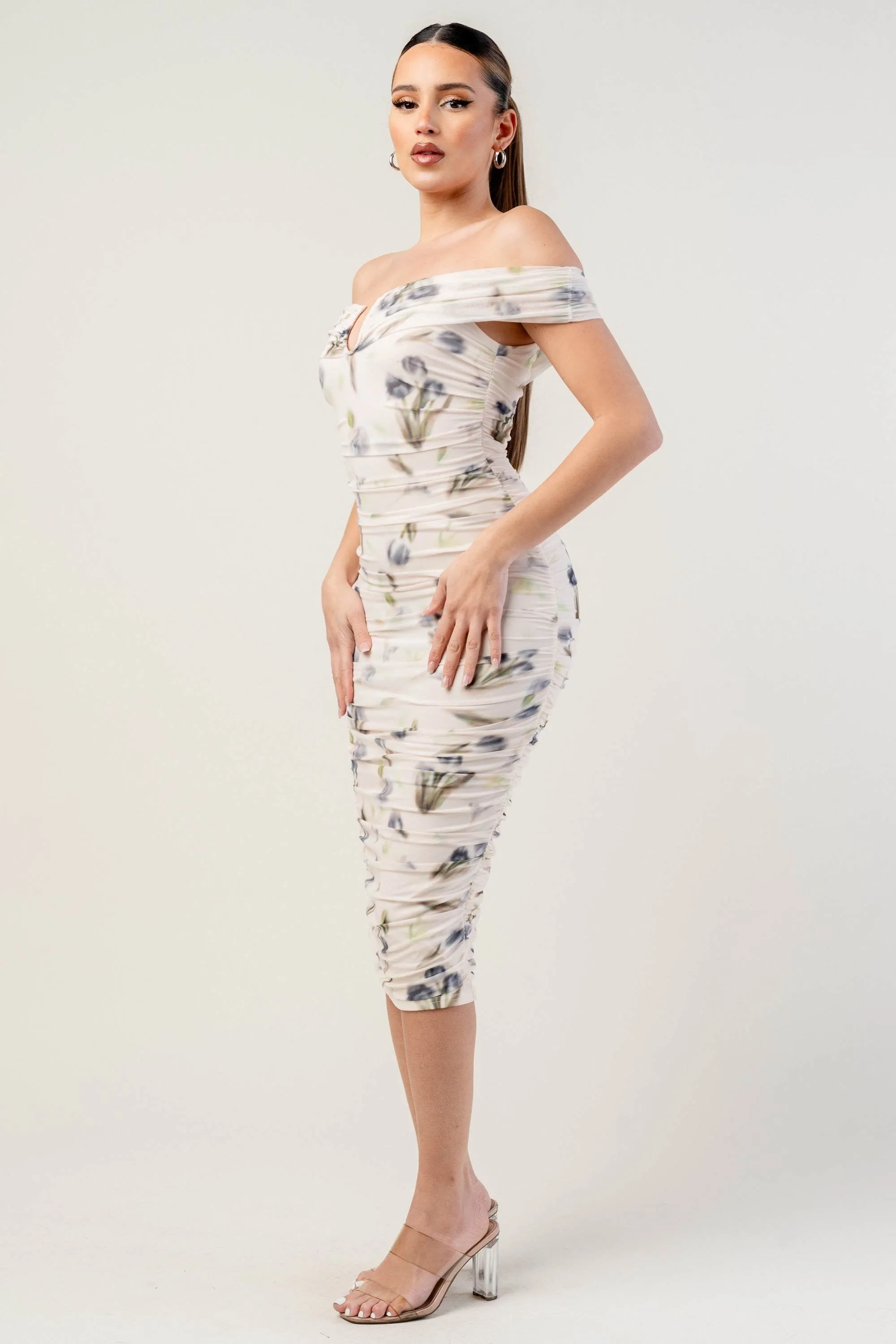 PD78543N / ROMANTIC FLORAL MESH OFF SHOULDER RUCHED MIDI DRESS sold by privy product image thumbnail 2