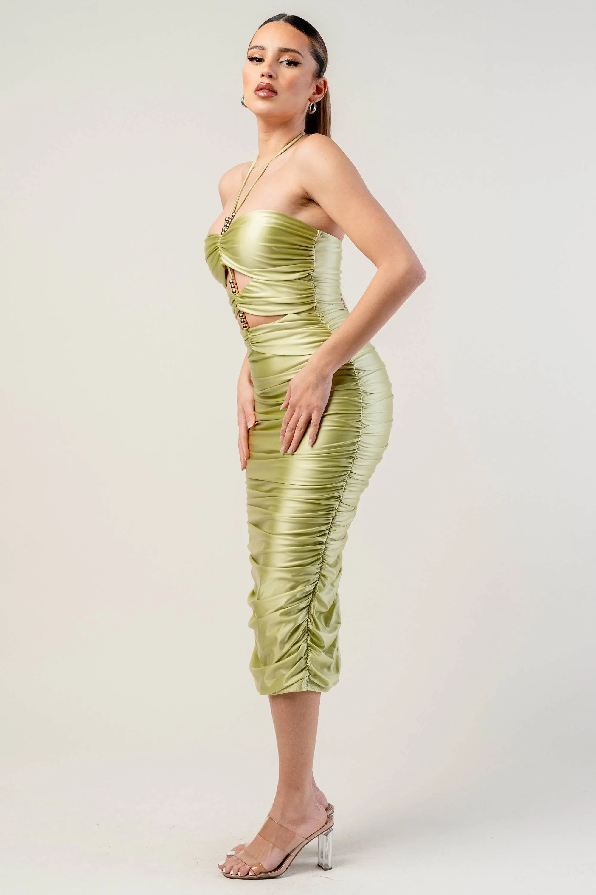 LUXE PEARL SATIN GOLD JEWEL W/ HALTER MIDI DRESS sold by privy product image thumbnail 2