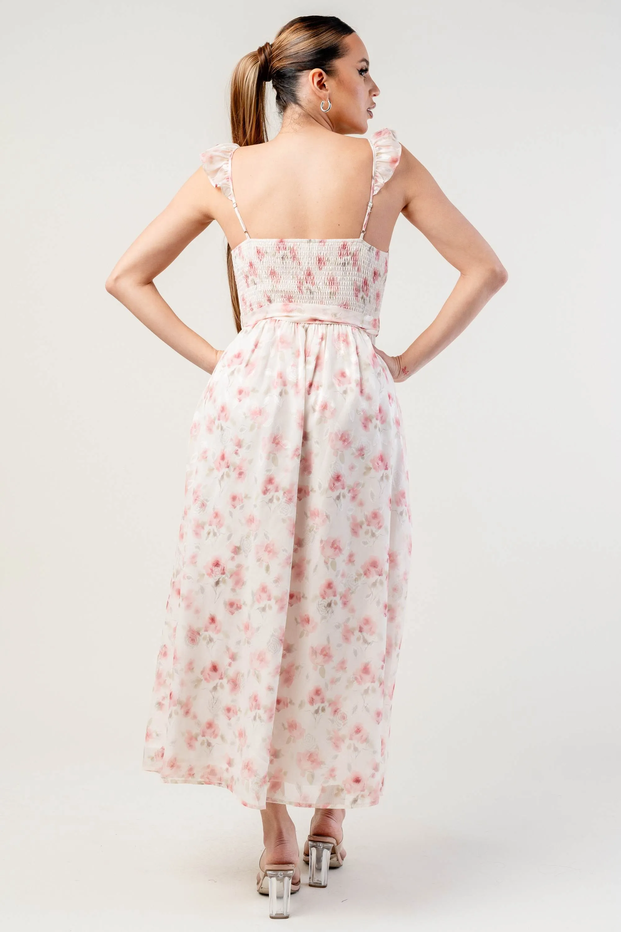 ROMANTIC FLORAL CHIFFON FRONT WAIST TIE MIDI DRESS sold by privy product image thumbnail 3