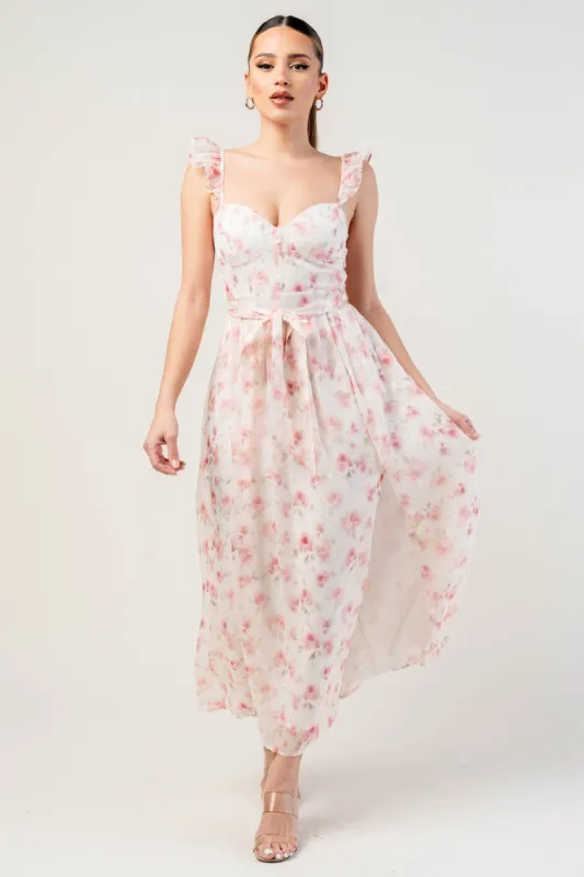 ROMANTIC FLORAL CHIFFON FRONT WAIST TIE MIDI DRESS sold by privy