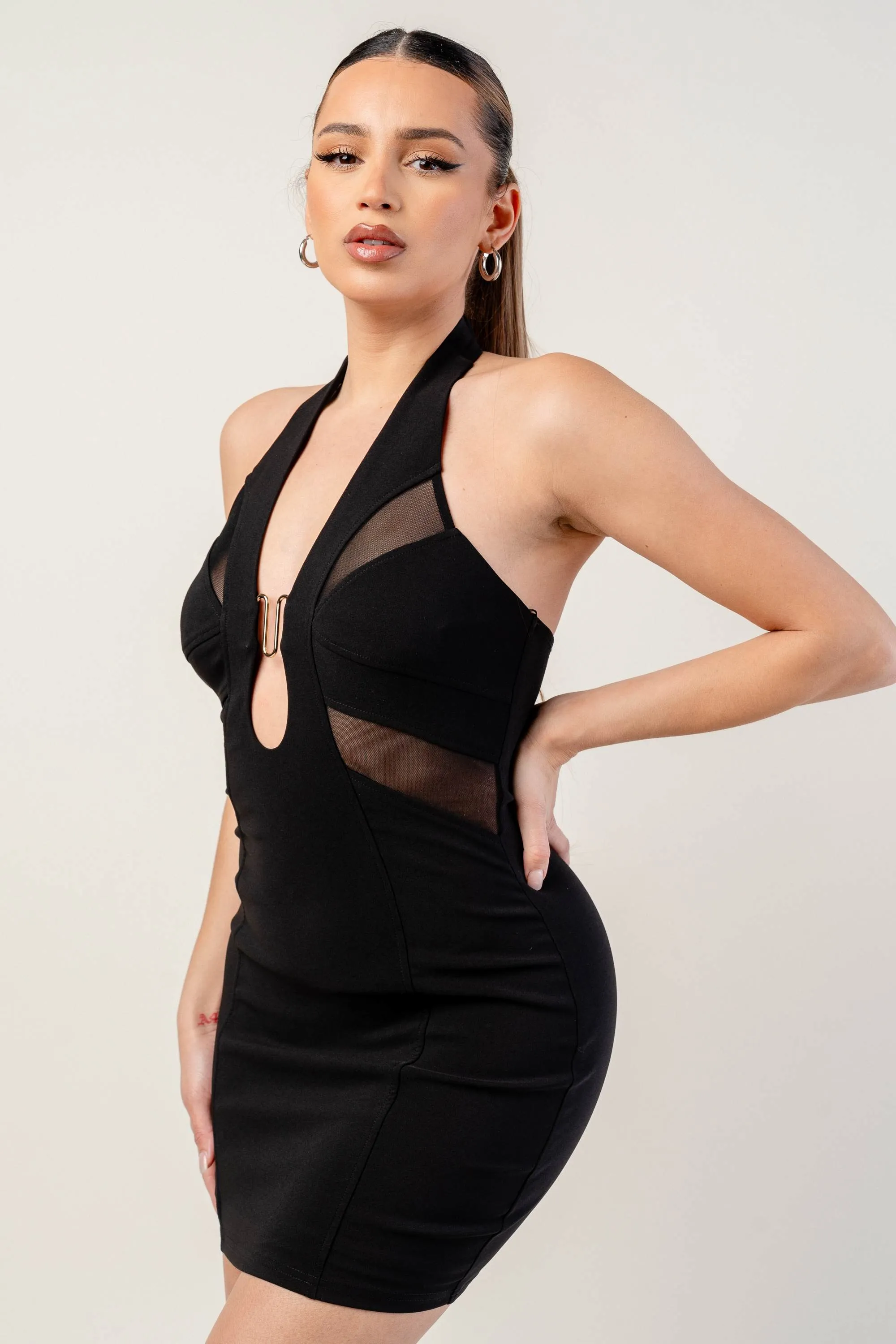 PD78556N / SEXY HALTER NECK MESH INSET TRIM DETAIL MINI DRESS sold by privy product image thumbnail 3