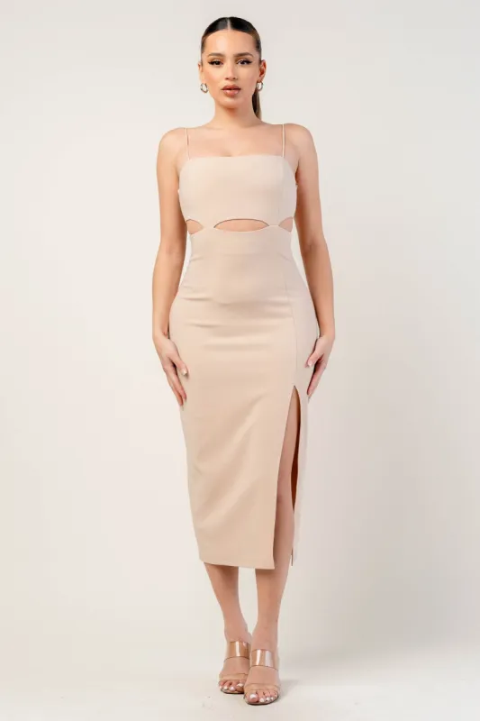 PDWS78620BTP-W / THICK STRETCH WOVEN CUT OUT DETAIL HIGH SLIT MIDI DRESS sold by privy