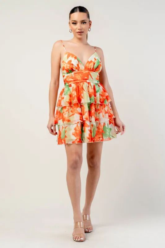 MESH PRINT SPAGHETTI STRAP RUFFLE SKIRT A LINE DRESS made by privy