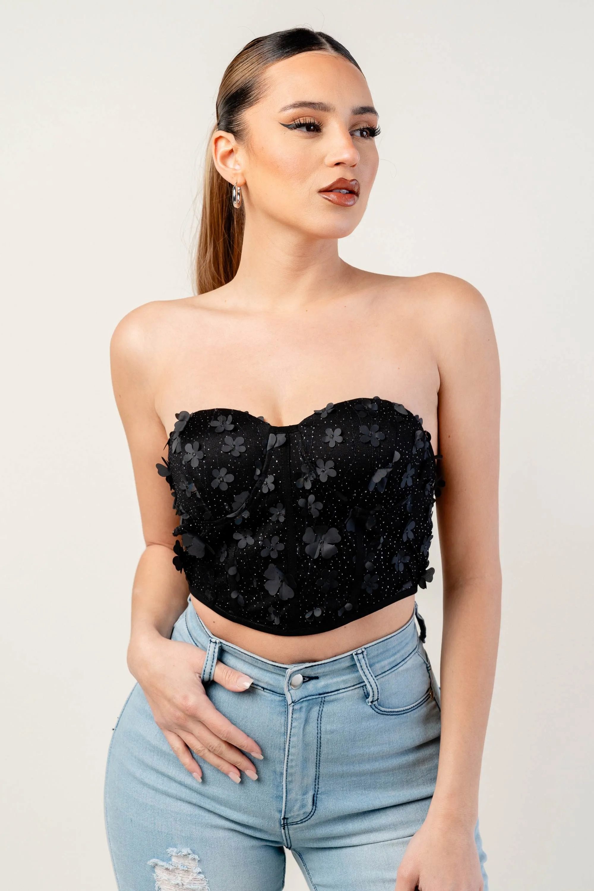 PT45091E / SEXY 3D FLOWER MESH BUSTIER TUBE TOP sold by privy