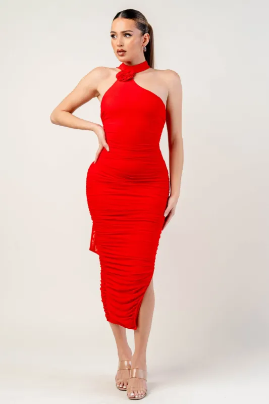 LUXE MESH ROSETTE WITH NECK SCARF MIDI DRESS sold by privy