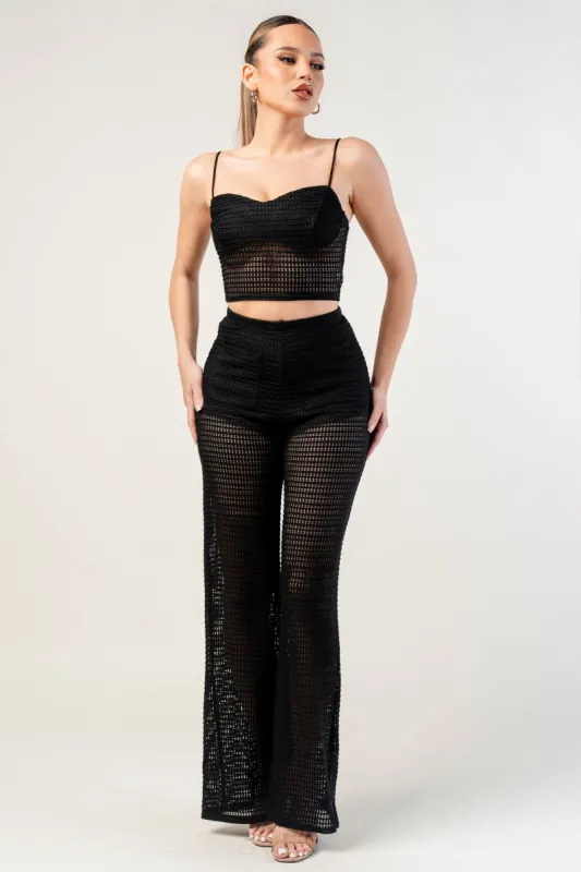FISHNET KNIT BUSTIER CROP TOP & WIDE LEG PANTS SET sold by privy