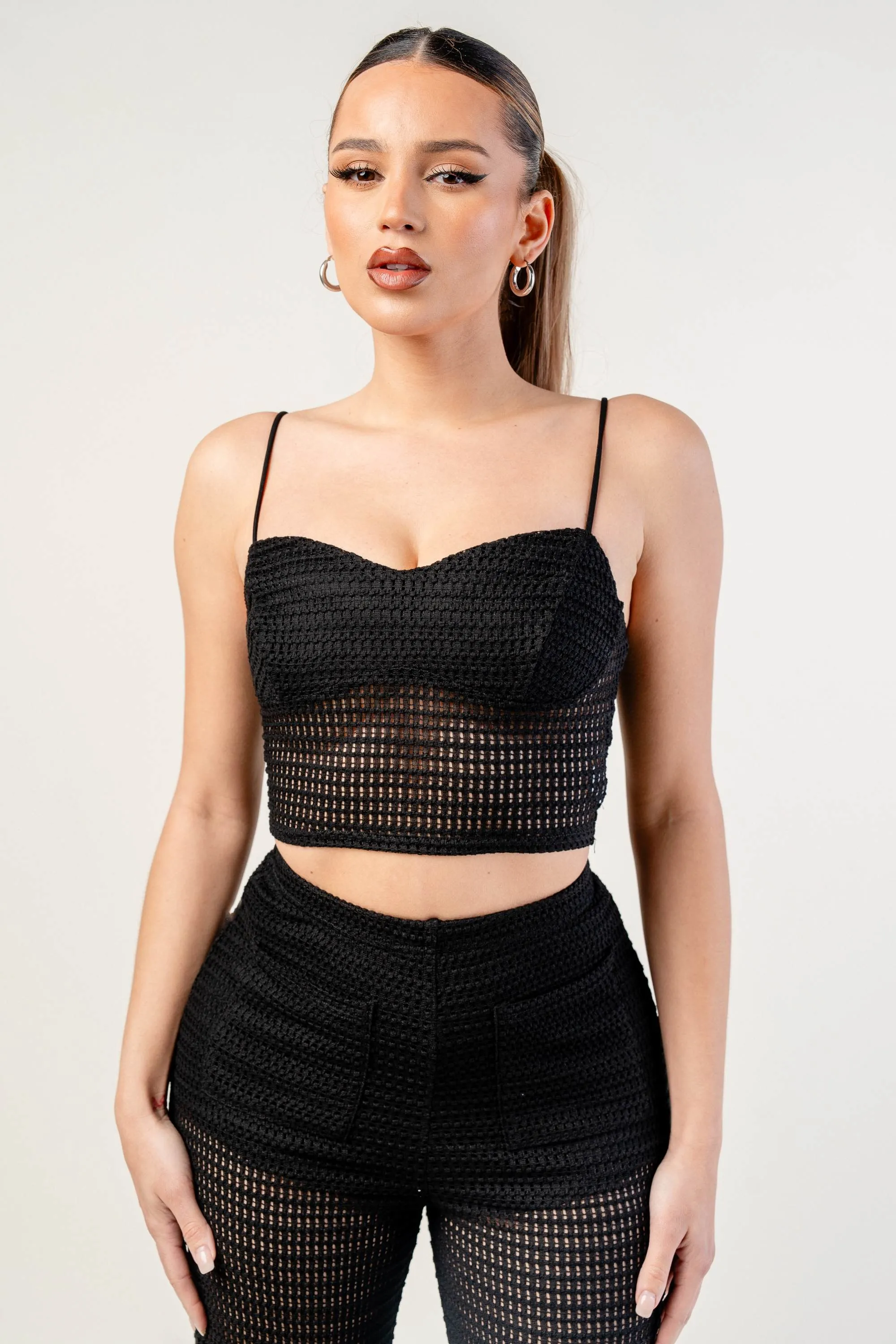 FISHNET KNIT BUSTIER CROP TOP & WIDE LEG PANTS SET sold by privy product image thumbnail 5