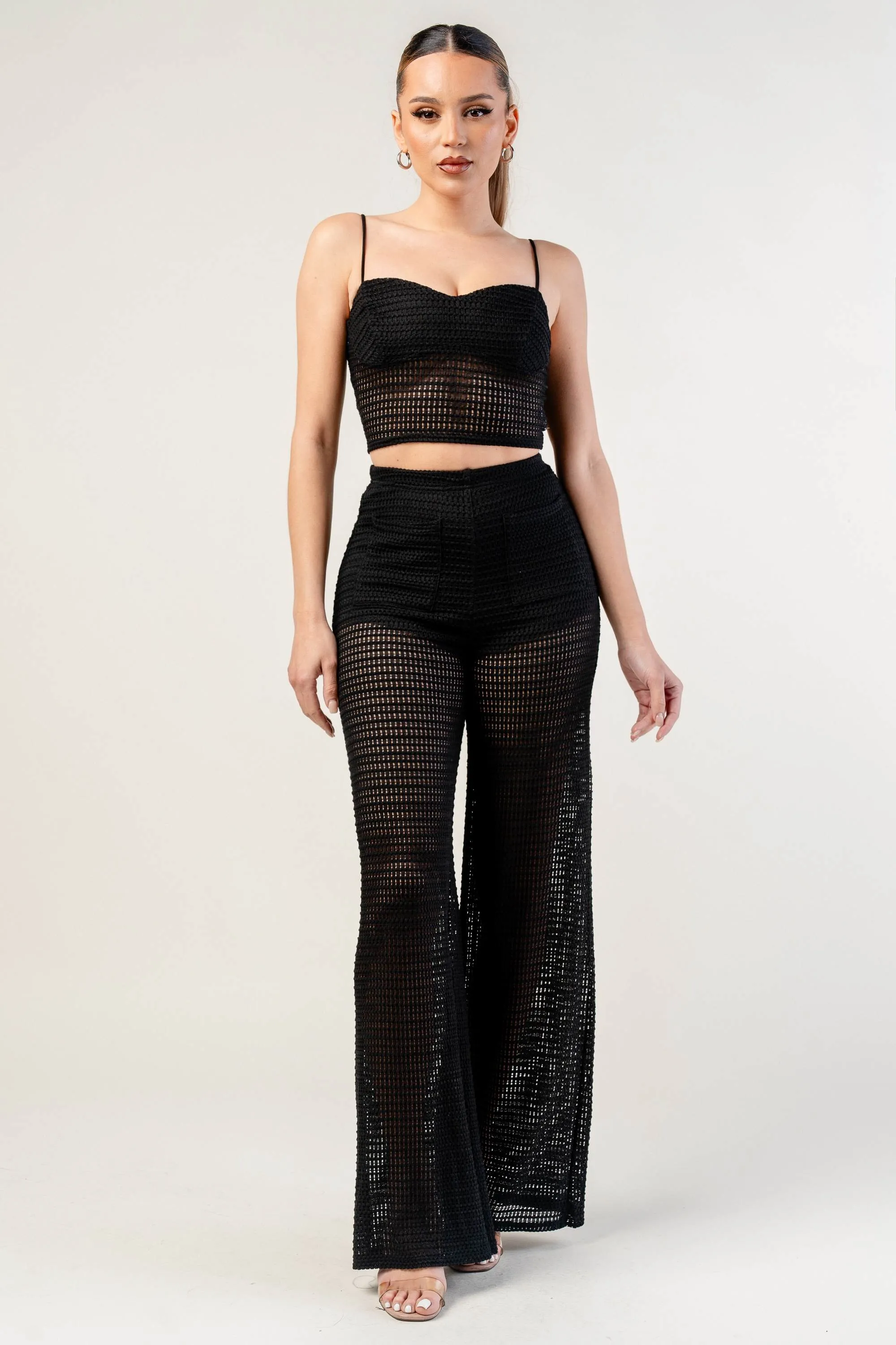 FISHNET KNIT BUSTIER CROP TOP & WIDE LEG PANTS SET sold by privy product image thumbnail 2