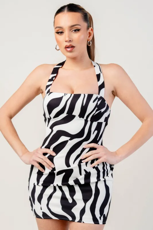 PDKS78661ETP / STRETCH WOVEN PRINT HALTER NECK MINI BODYCON DRESS made by privy