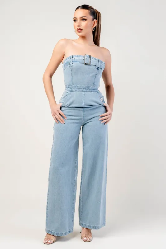 PJ11182EST-W / STRECH WIDE LEG DENIM JUMPSUIT sold by privy