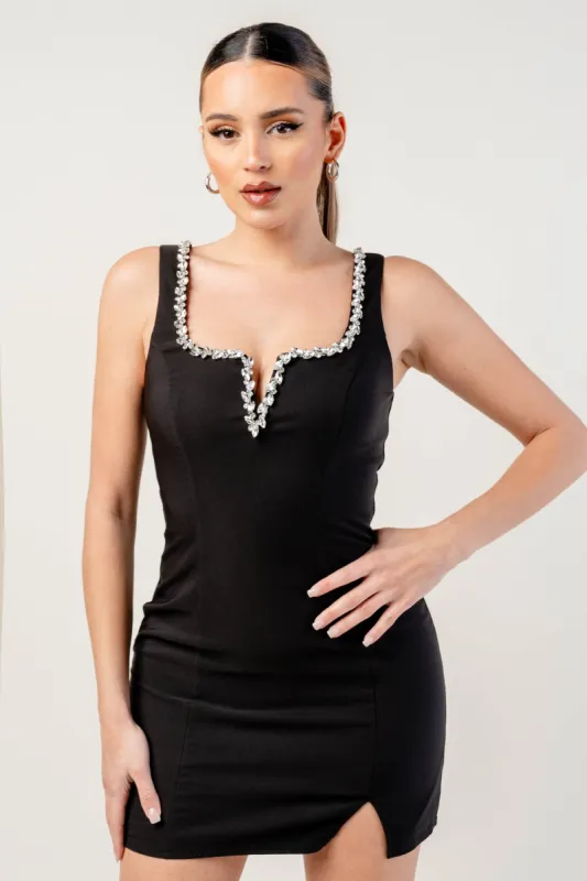 PDWS78619NTP-W / THICK STRETCH WOVEN SQUARE NECK EMBELLISHED DIAMANTE TRIM MINI DRESS sold by privy