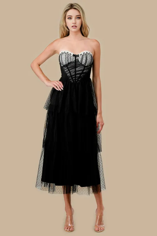 AD4032K / MESH DOT BUSTIER W/ LACE INSET TIER DRESS sold by privy